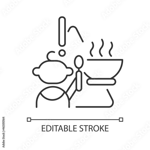 Child and hot food linear icon. Baby safety at home. Burn, injuries prevention. Infant security. Thin line customizable illustration. Contour symbol. Vector isolated outline drawing. Editable stroke