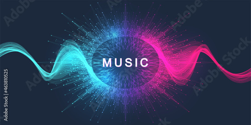 Music wave flow poster design with lines and dots. Sound flyer with abstract gradient line waves. Music abstract background. Vector concept.