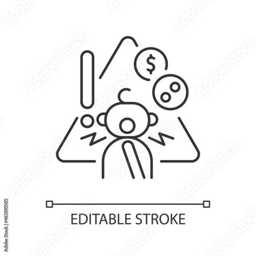 No access to coins, buttons and safety pins linear icon. Child safety at home. Baby security. Thin line customizable illustration. Contour symbol. Vector isolated outline drawing. Editable stroke