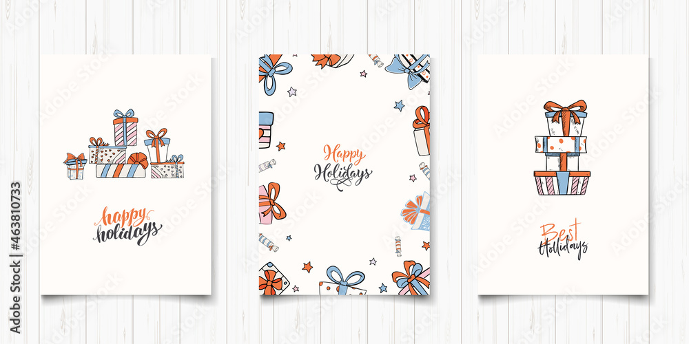 Obraz premium Doodle happy holiday giftbox set cards. Greeting card design template. Art vector graphic illustration. Abstract vintage background. Blue orange gift box postcards. Banner, poster, greeting card