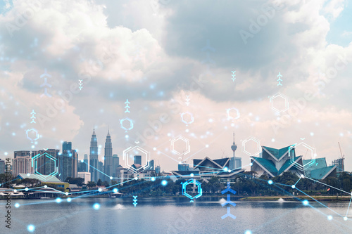 Canvas Print Technology hologram over panorama city view of Kuala Lumpur