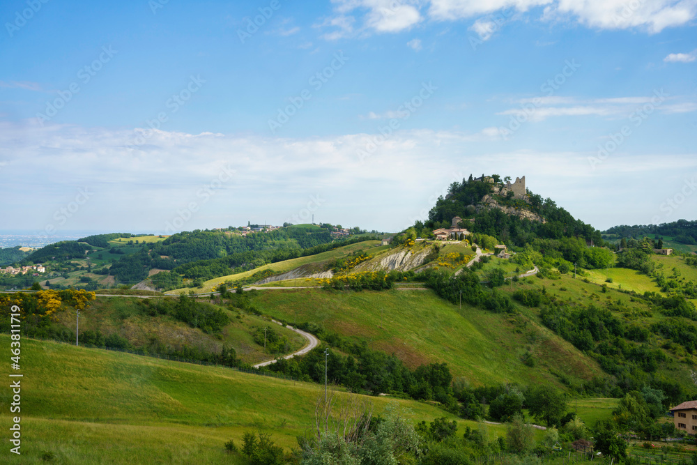 Rural landscape near San Polo and Canossa, Emilia-Romagna. Castle