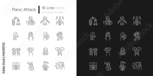 Panic disorder linear icons set for dark and light mode. Symptoms and treatment. Phobias and fears. Customizable thin line symbols. Isolated vector outline illustrations. Editable stroke