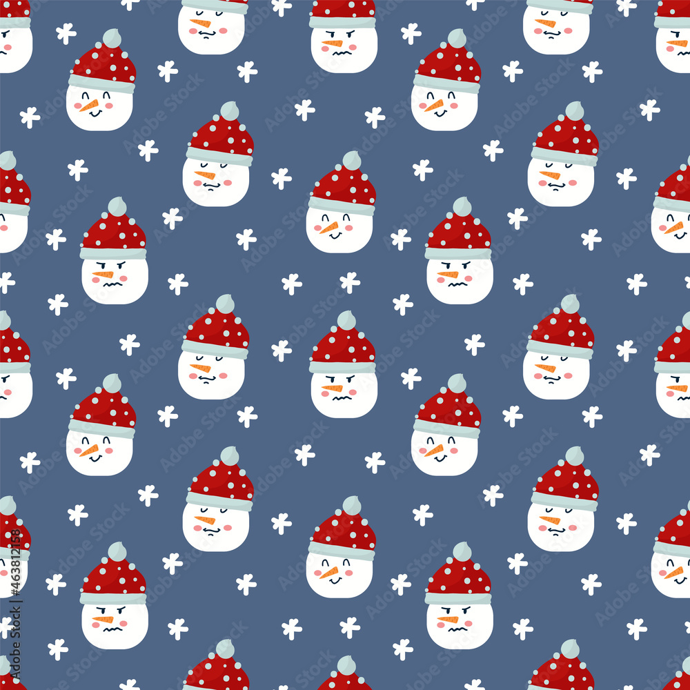 A pattern with snowmen with different faces. The background is winter and snowy for textiles. Christmas background with snow characters. Happy New Year and Merry Christmas. Vector illustration A pattern with snowmen with different faces. The background is winter and snowy for textiles. Christmas background with snow characters. Happy New Year and Merry Christmas. Vector illustration
