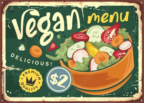 Vegan menu retro advertisement design with salad bowl full of healthy vegetables. Vintage vitamin food sign idea. Vector illustration.