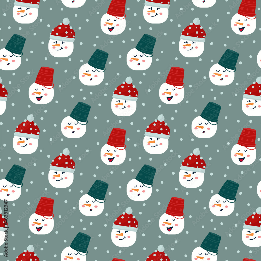 A pattern with snowmen in a red hat and a bucket. Snowmen with a carrot for a nose. Textile background with snow characters. Happy New Year and Merry Christmas. Vector illustration A pattern with snowmen in a red hat and a bucket. Snowmen with a carrot for a nose. Textile background with snow characters. Happy New Year and Merry Christmas. Vector illustration