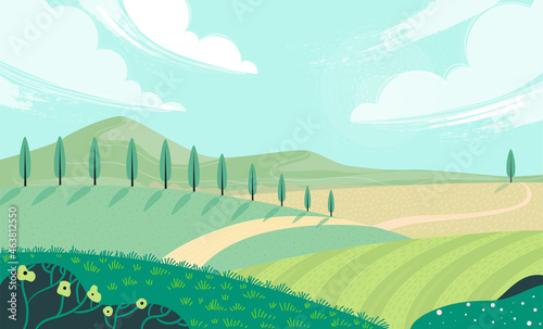 Countryside landscape with fields and meadows. Summer nature with trees, clouds and sky. Eco concept for your banner, design or packaging. Sunny summer day in village. Vector flat style illustration.