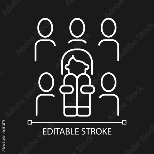 Enochlophobia white linear icon for dark theme. Irrational fear of crowd. Psychotherapy treatment. Thin line customizable illustration. Isolated vector contour symbol for night mode. Editable stroke
