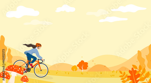 Autumn Cycling Background vector illustration. Woman riding bike in autumn season with copy space.
