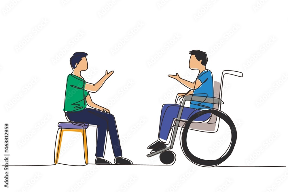 Single continuous line drawing two people sitting chatting, one using chair, one using wheelchair. Friendly man are talking to each other, human disabled society. One line design vector illustration Single continuous line drawing two people sitting chatting, one using chair, one using wheelchair. Friendly man are talking to each other, human disabled society. One line design vector illustration