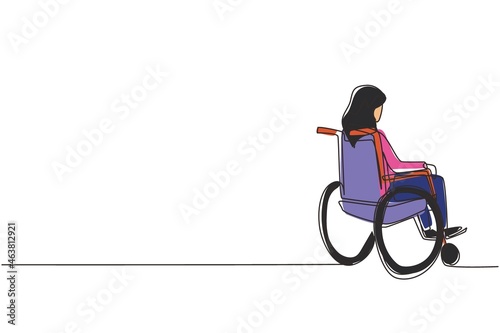 Single one line drawing back side of lonely old woman sitting on wheelchair and looking at distant dry autumn leaves in outside. Lonely, forlorn, desolate, lonesome. Continuous line draw design vector