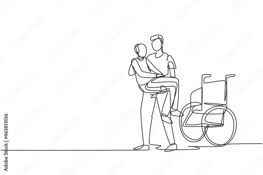 Single continuous line drawing loving son took his old disabled father from wheelchair carrying him in his arms. Happy senior man in hugs of his strong child. One line draw design vector illustration Single continuous line drawing loving son took his old disabled father from wheelchair carrying him in his arms. Happy senior man in hugs of his strong child. One line draw design vector illustration
