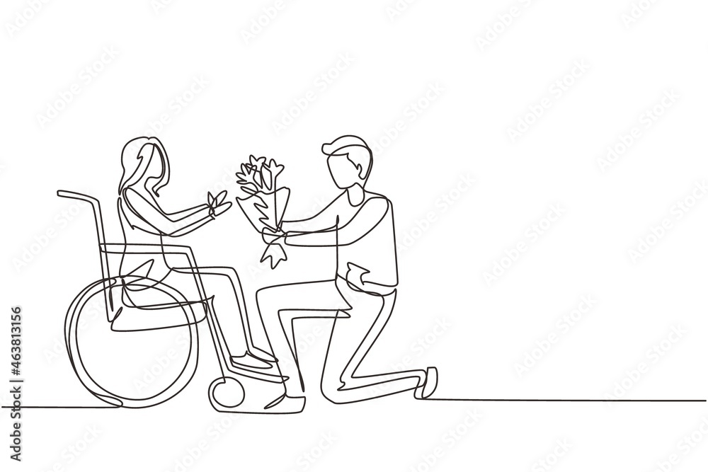 Single continuous line drawing male and disabled female in wheelchair. Man give bouquet of flower to woman. Caregiver, family moral support. Disability rehabilitation. One line draw design vector