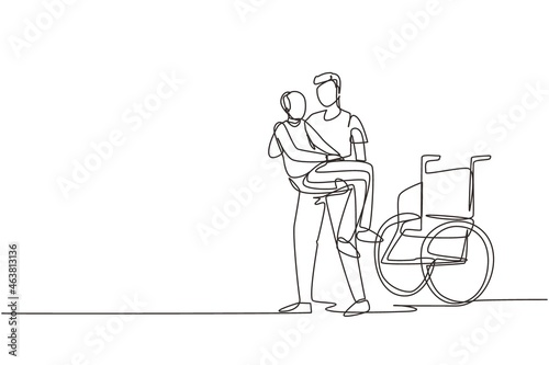 Single continuous line drawing loving son took his old disabled father from wheelchair carrying him in his arms. Happy senior man in hugs of his strong child. One line draw design vector illustration