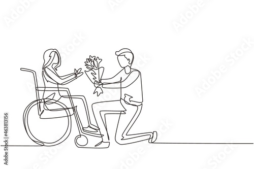 Single continuous line drawing male and disabled female in wheelchair. Man give bouquet of flower to woman. Caregiver, family moral support. Disability rehabilitation. One line draw design vector