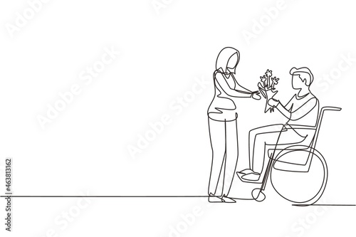 Single continuous line drawing woman and disabled man in wheelchair. Male give bouquet of flower to female. Family moral support. Disability rehabilitation. One line draw design vector illustration