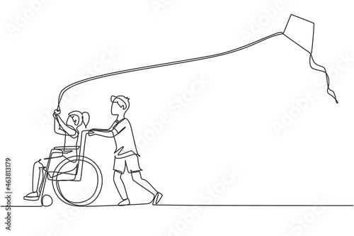 Continuous one line drawing happy child disabled concept. Hand drawn boy pushing little girl in wheel chair with flying kite. Disabled has fun outside. Single line draw design vector illustration