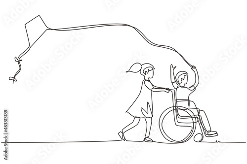 Single continuous line drawing happy child disabled concept. Hand drawn little girl pushing boy in wheel chair with flying kite. Disabled has fun outside. One line draw design vector illustration