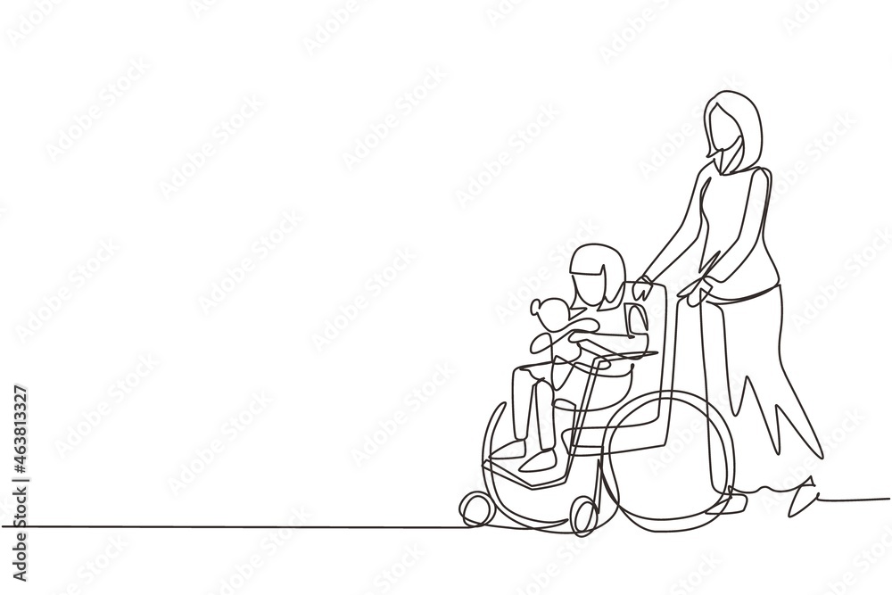Continuous one line drawing mother with disabled daughter in wheelchair came for examination at clinic hospital. Mom helps child with disabilities. Single line draw design vector graphic illustration Continuous one line drawing mother with disabled daughter in wheelchair came for examination at clinic hospital. Mom helps child with disabilities. Single line draw design vector graphic illustration