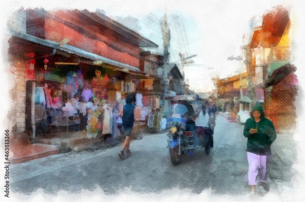Obraz premium Landscape of commercial districts in the provinces of Thailand watercolor style illustration impressionist painting.