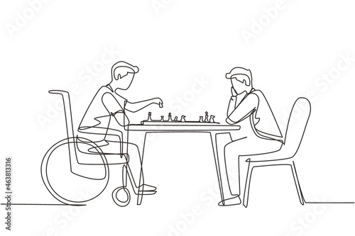 Single one line drawing disabled man in wheelchair plays chess with friend. People on social adaptation, hobby, tolerance, inclusive, accessibility and diversity. Continuous line draw design vector