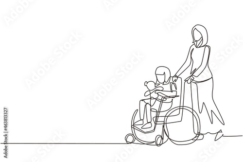 Continuous one line drawing mother with disabled daughter in wheelchair came for examination at clinic hospital. Mom helps child with disabilities. Single line draw design vector graphic illustration