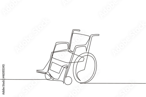 Continuous one line drawing wheelchair for people with disabilities. Empty walk pram carriage device. Hand drawn healthcare therapy object. Single line draw design vector graphic illustration