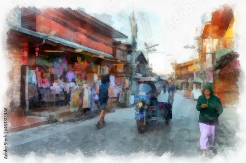Landscape of commercial districts in the provinces of Thailand watercolor style illustration impressionist painting. © Kittipong