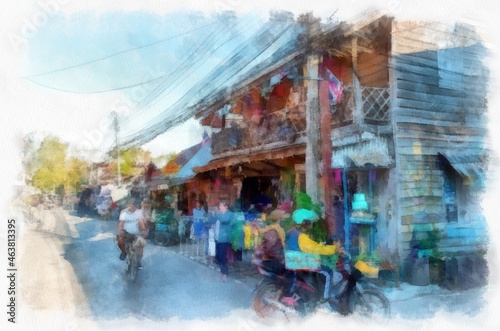 Fototapeta Naklejka Na Ścianę i Meble -  Landscape of commercial districts in the provinces of Thailand watercolor style illustration impressionist painting.