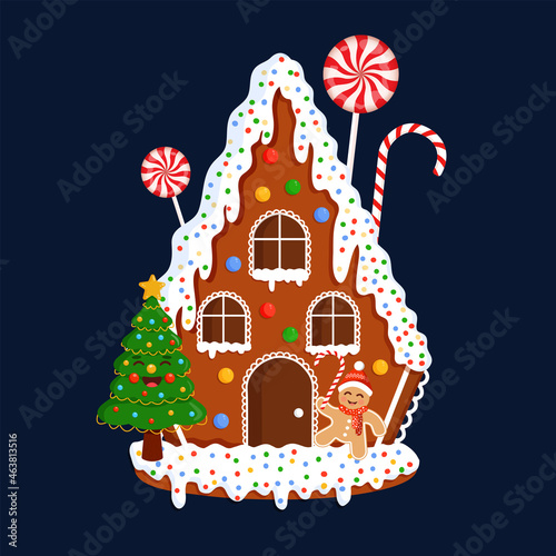 Christmas gingerbread house illustration with Christmas tree, sweets and gingerbread man for postcard, banner, poster and website.