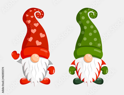 Set of illustrations of Christmas gnomes on an isolated background for postcard, banner, textile, decor. Scandinavian nordic gnome, cute Christmas Santa gnome elf. Vector. photo