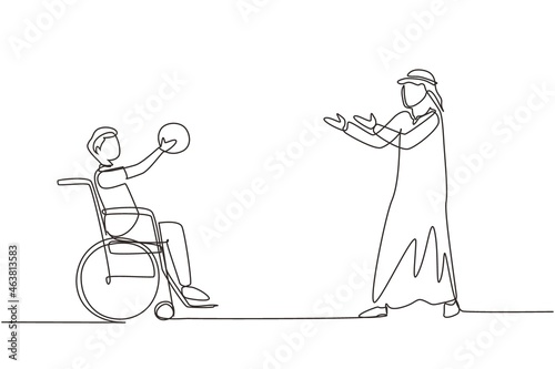 Single one line drawing joyful disabled young Arabian man in wheelchair playing basketball. Concept of adaptive sports for disabled people. Continuous line draw design graphic vector illustration