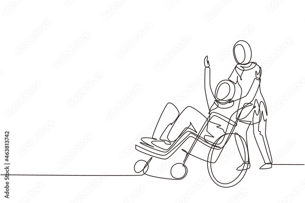 Single continuous line drawing young Arab female volunteer helps ...
