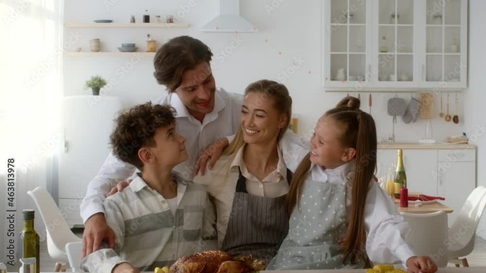 Happy Family Celebrating Thanksgiving Day Together Having Dinner At Home Happy Family Celebrating Thanksgiving Day Together Having Dinner At Home