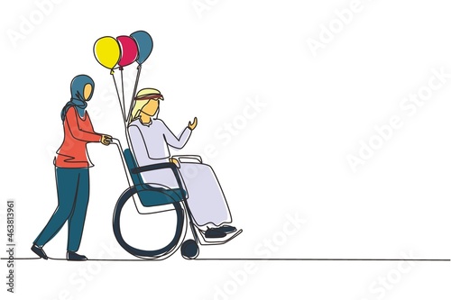 Continuous one line drawing disability people concept. Arabian woman carries disabled man in wheelchair. Accessibility, rehabilitation invalid person, people activities. Single line draw design vector