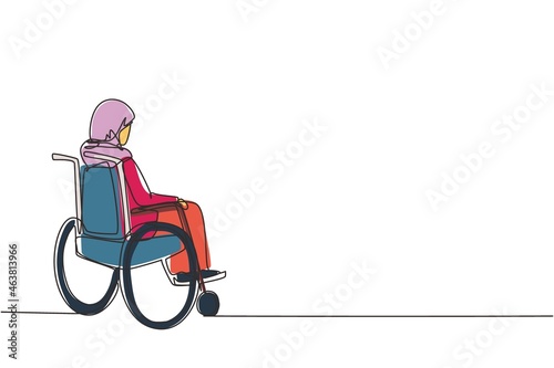 Single one line drawing back side of lonely old Arab woman sitting on wheelchair, looking at distant dry autumn leaves. Lonely, forlorn, desolate, lonesome. Continuous line vector design illustration