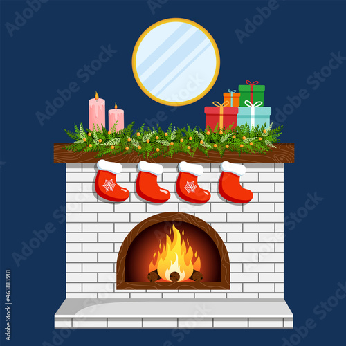 Illustration of a Christmas fireplace with candles, fir branches, socks and gifts.