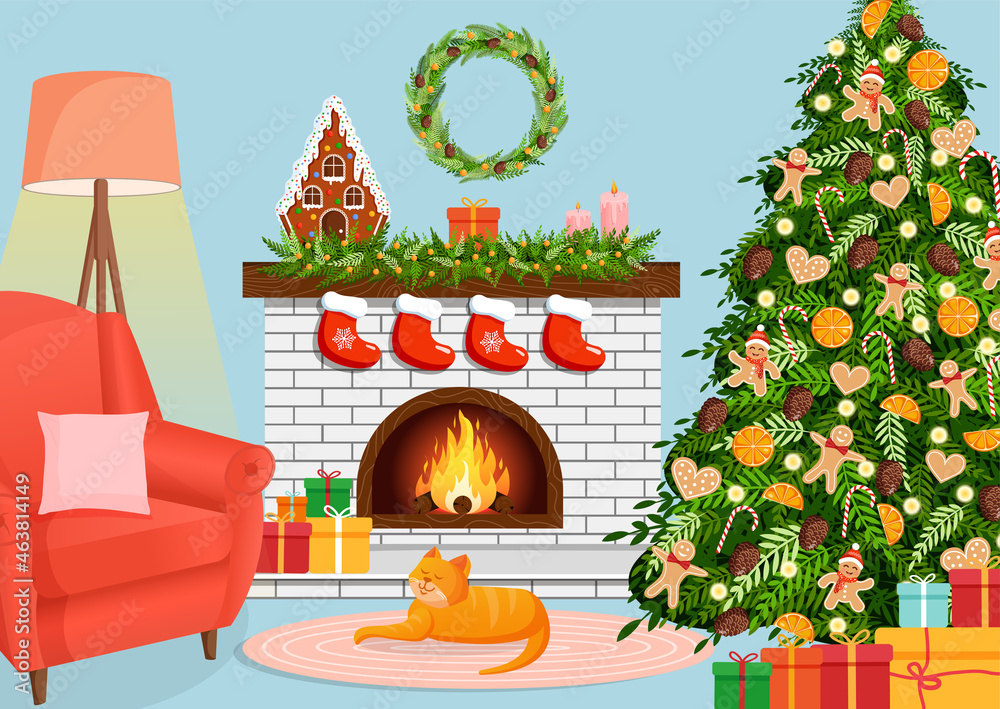Christmas cozy home interior with fireplace, tree, gifts, armchair, lamp and cat. Scandinavian and hygge style. Vector illustration of a room for a postcard, banner, poster, website.