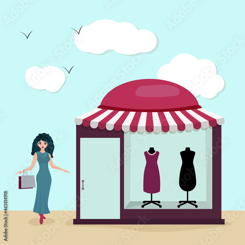 Happy girl with packages comes out of a clothing store. Girl shopping vector illustration. Fashion clothing store. Flat character in vector.