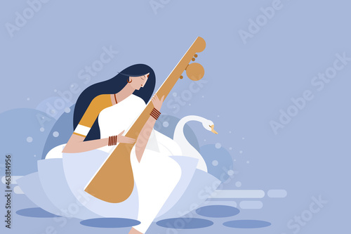 Indian goddess 'Saraswati' sitting on lotus and playing musical instrument 'veena'.