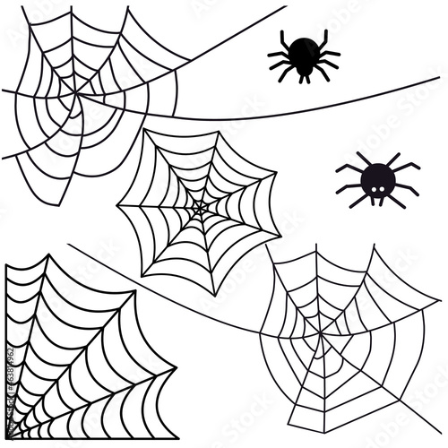 Halloween cobwebs and silhouettes of spiders in black. Simple style isolated on white background. Hector venom cobweb set. Vector illustration.