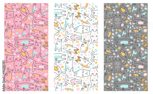 set children seamless pattern of doodles of stylized cute animals. Kitten, dog, pig, fox, bear.