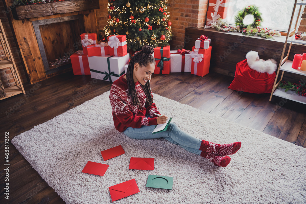 Photo of african lady look camera beaming smile enjoy x-mas eve wear pullover in decorated home indoors