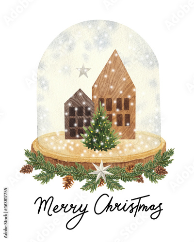 Watercolor Christmas postcard with snowball globe. Winter magic. Snow-covered wooden houses and a Christmas tree in a glass ball. Coniferous twig decoration with pinecones. Watercolor Xmas card.