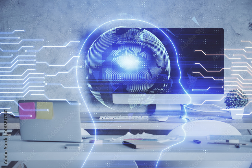 Multi exposure of brain drawing and office interior background. Concept of data technology. Multi exposure of brain drawing and office interior background. Concept of data technology.