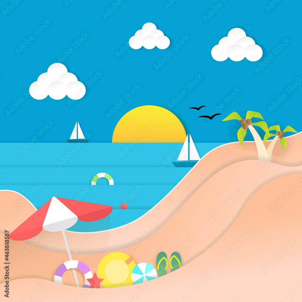 Summer beach background. Summer beach for wallpaper, banner and placard. Summer beach background for ad, cover and print materials. Summer background, vector illustration