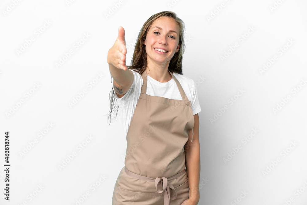 Restaurant waiter caucasian woman isolated on white background shaking hands for closing a good deal Restaurant waiter caucasian woman isolated on white background shaking hands for closing a good deal