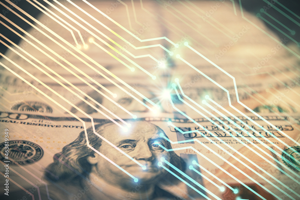 Double exposure of data theme drawing over us dollars bill background. Technology concept. Double exposure of data theme drawing over us dollars bill background. Technology concept.