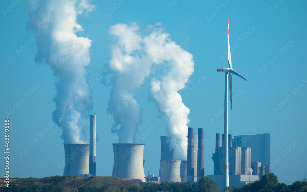 Panoramic view of coal-fired power station with smoking cooling towers. Neurath North Rhine Westphalia, Germany Panoramic view of coal-fired power station with smoking cooling towers. Neurath North Rhine Westphalia, Germany