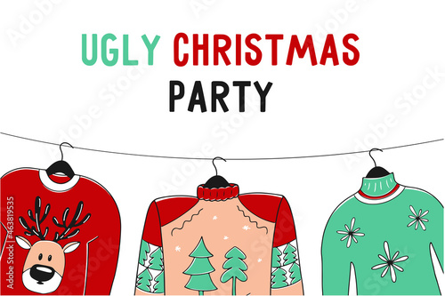 Ugly Christmas party background with colorful sweaters on hangers. Vector illustration for holiday banner